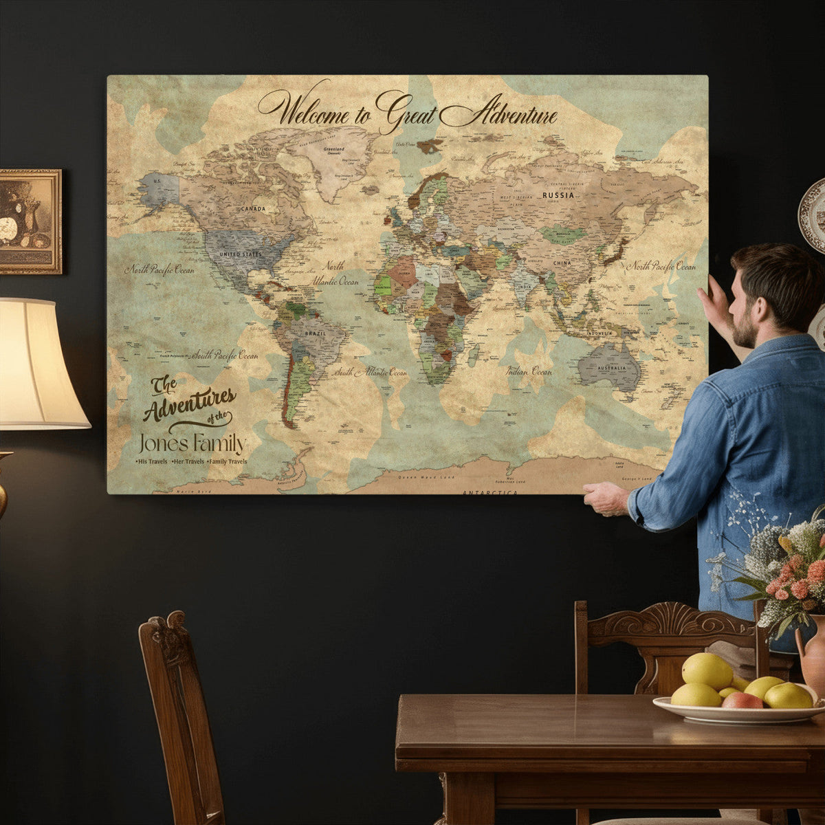 Personalized Framed Navy Vintage Push Pin World Map Wall Art, Places Visited Tracker, Bedroom and Hallway Decor