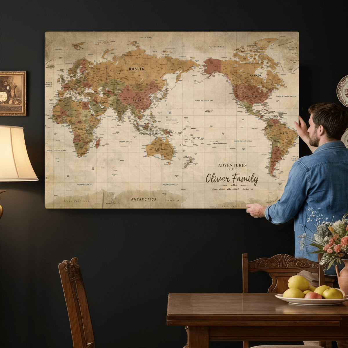Personalized Framed Navy Modern World Map Canvas with Push Pins, Bucket List Map, Living Room and Entryway Decor