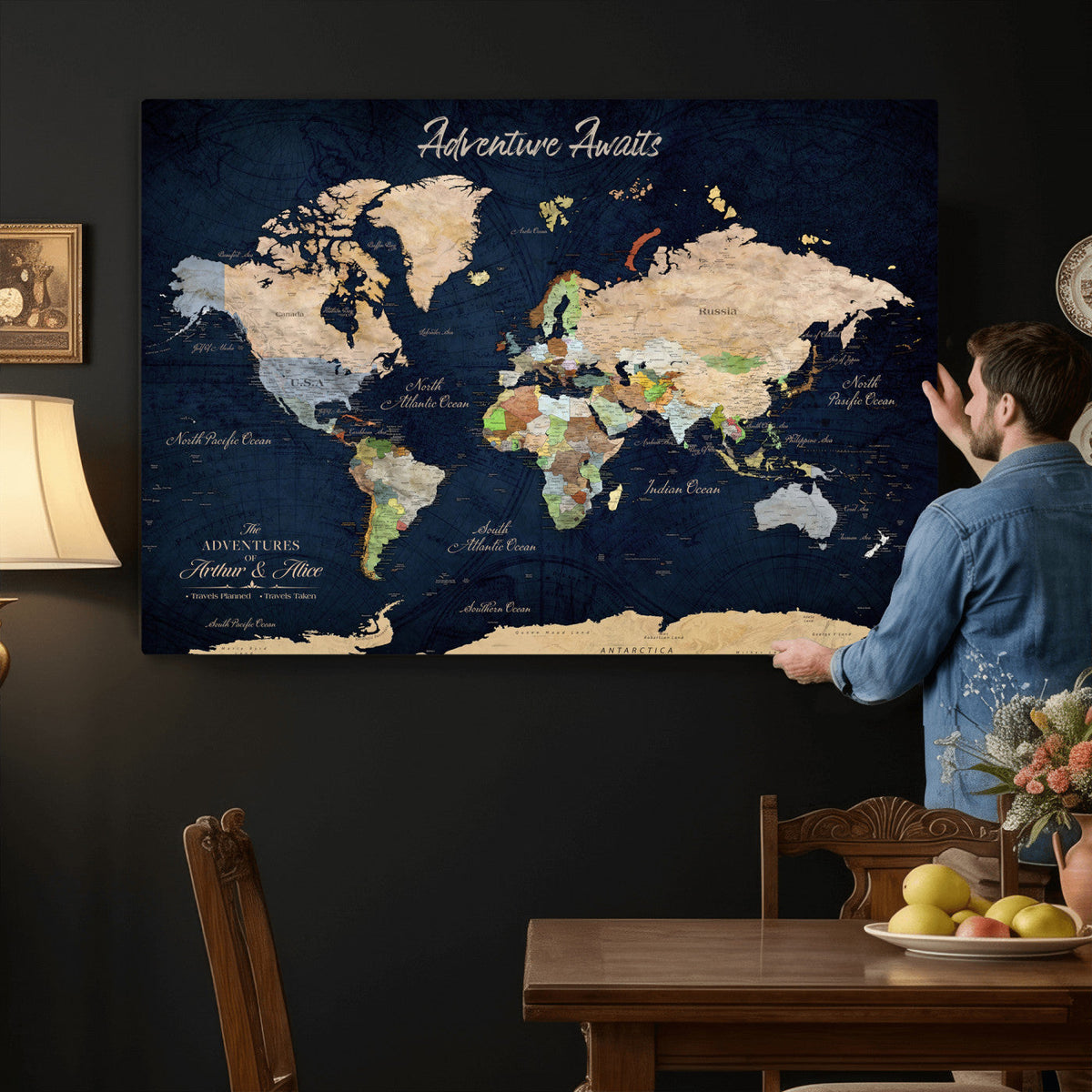Personalized Beige Antique Push Pin Travel Map Canvas Print, Bucket List Map, Dining Room and Entryway Decor