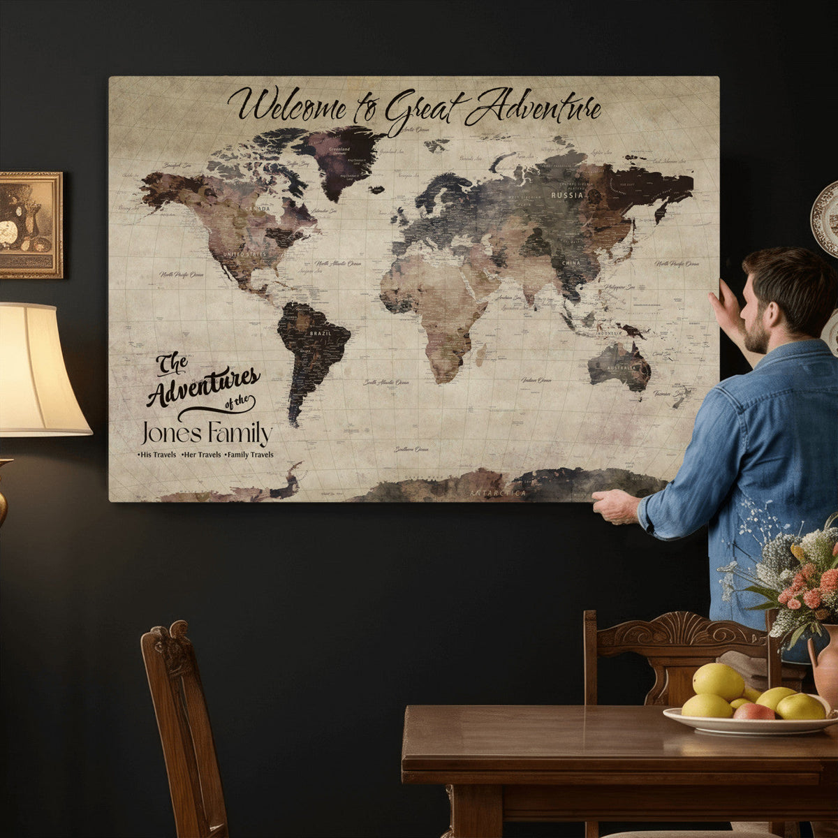 Custom Beige Modern Push Pin World Map Wall Art, Honeymoon and Anniversary Gift, Dining Room and Study Decor