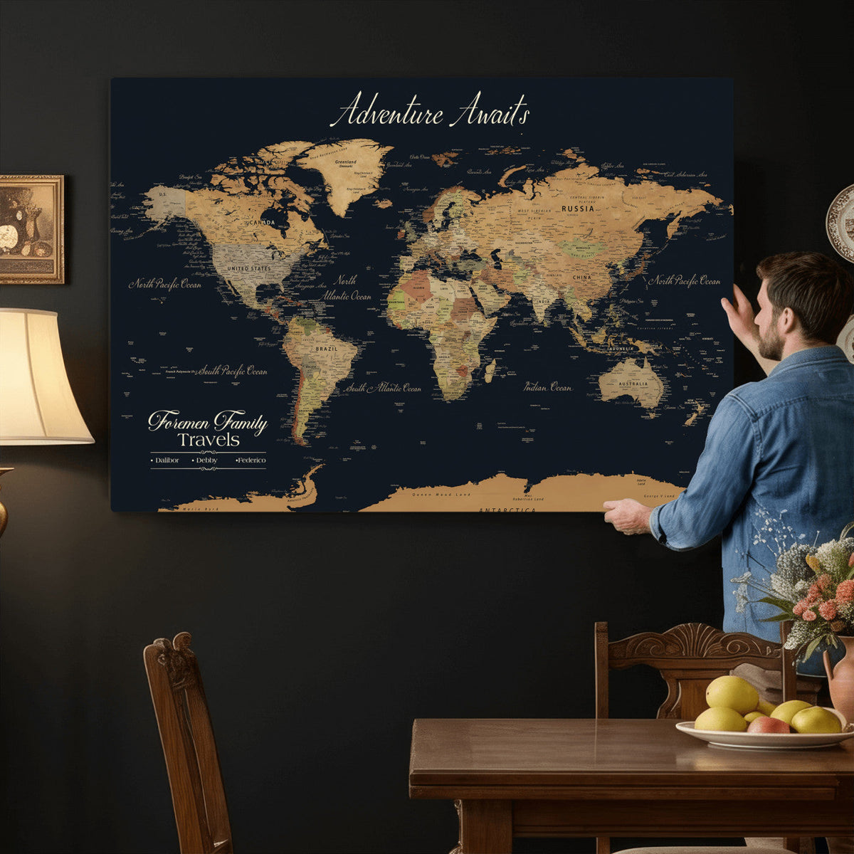 Personalized Framed Beige Geometric Family Push Pin World Map Canvas Print, Next Trip Planner Map, Family Room and Entryway Decor