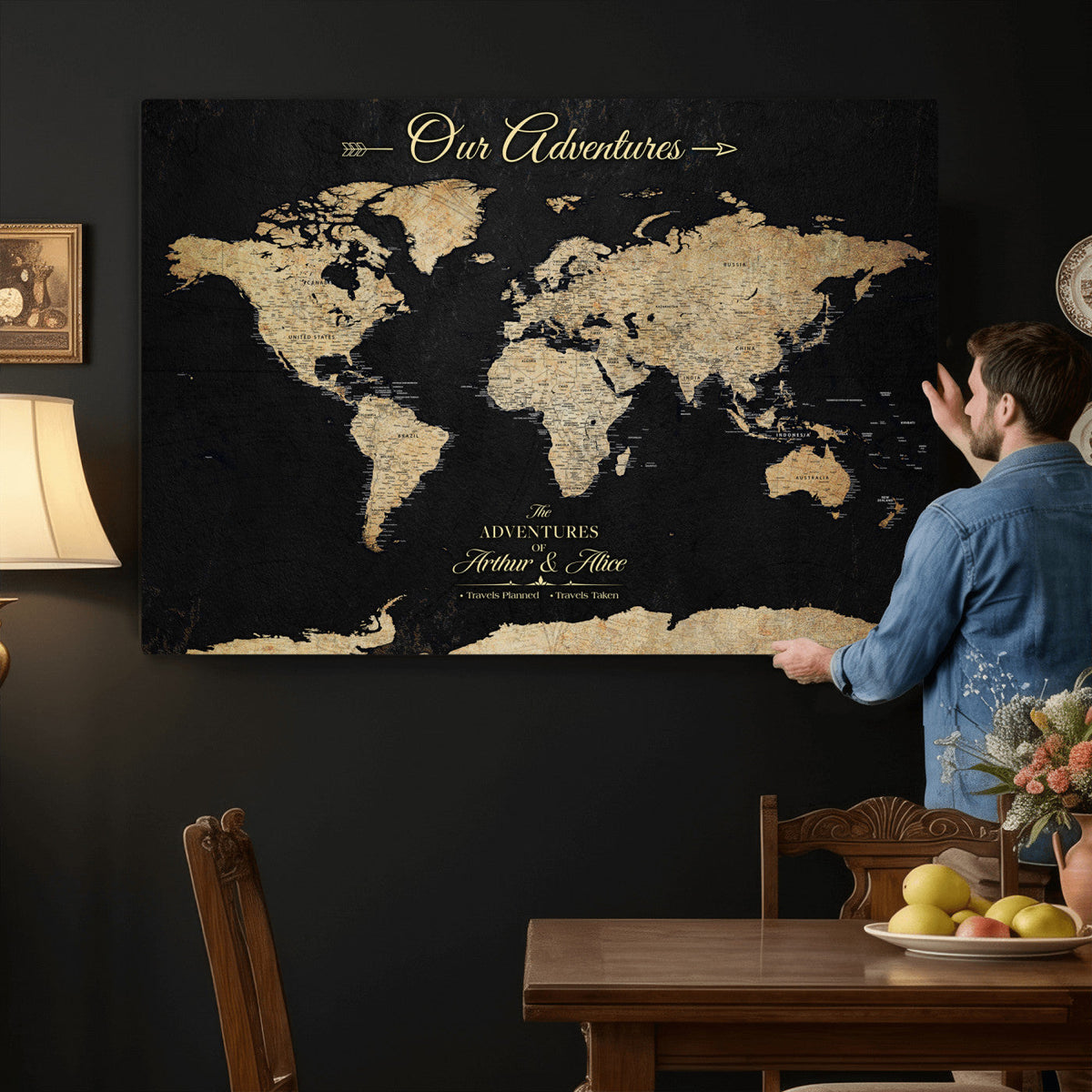 Personalized Framed Beige Push Pin World Map Canvas Print, Family Travel Tracker, Bedroom and Home Office Decor