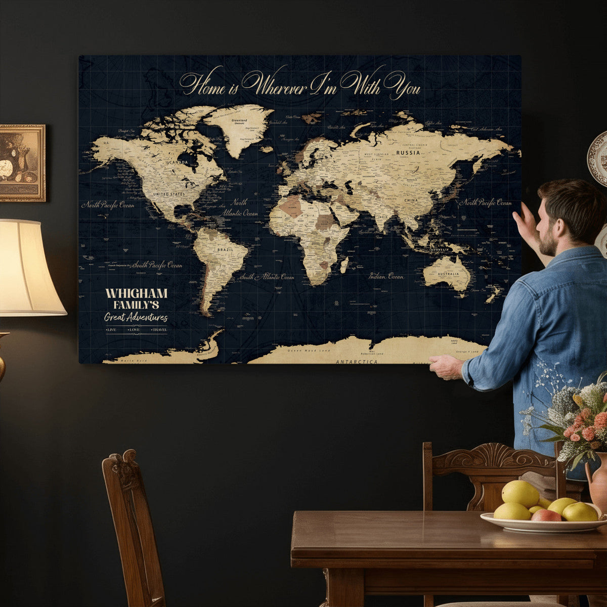 Personalized Framed Beige Geometric Push Pin World Map Wall Art, Couples Countries Visited Map, Bedroom and Hallway Decor