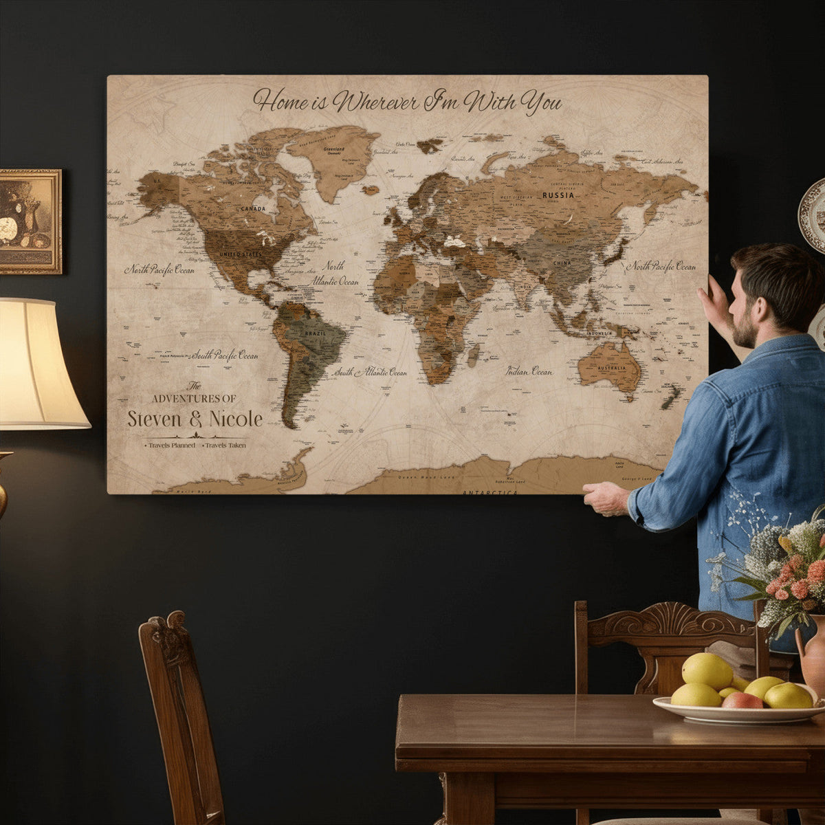 Personalized Framed Beige World Map Canvas with Push Pins, Honeymoon and Anniversary Gift, Living Room and Hallway Decor