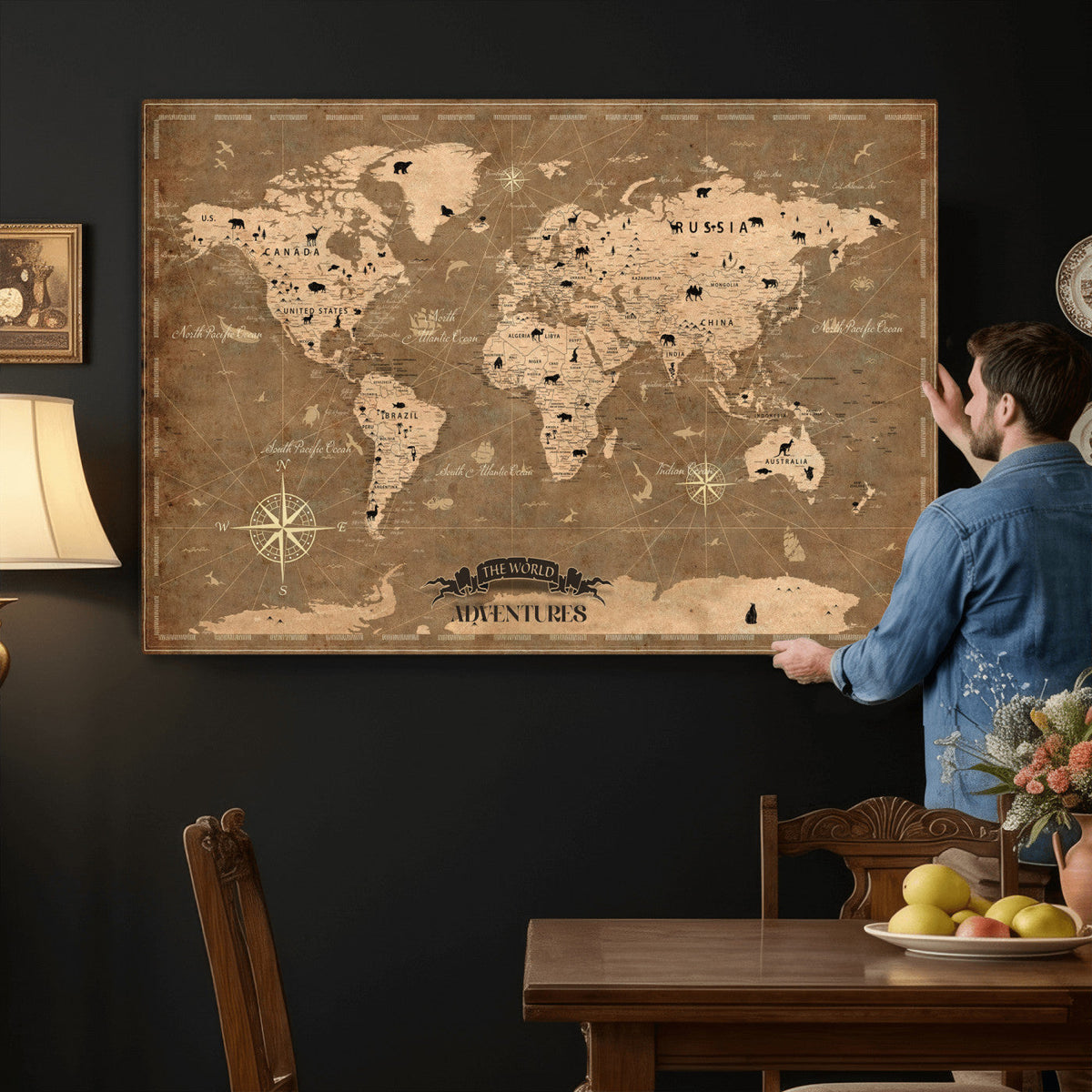16235283-MGV-CV-36X24 - Custom World Travel Map Wall Art with Pins, Family Travel Tracker, Living Room and Bedroom Decor