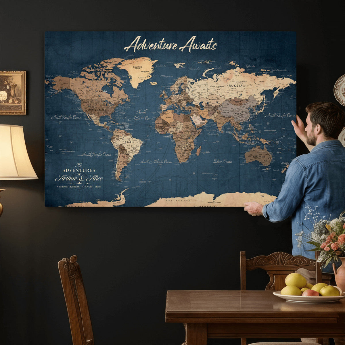 Personalized White Vintage World Travel Map Wall Art with Pins, Next Trip Planner Map, Family Room and Dining Room Decor
