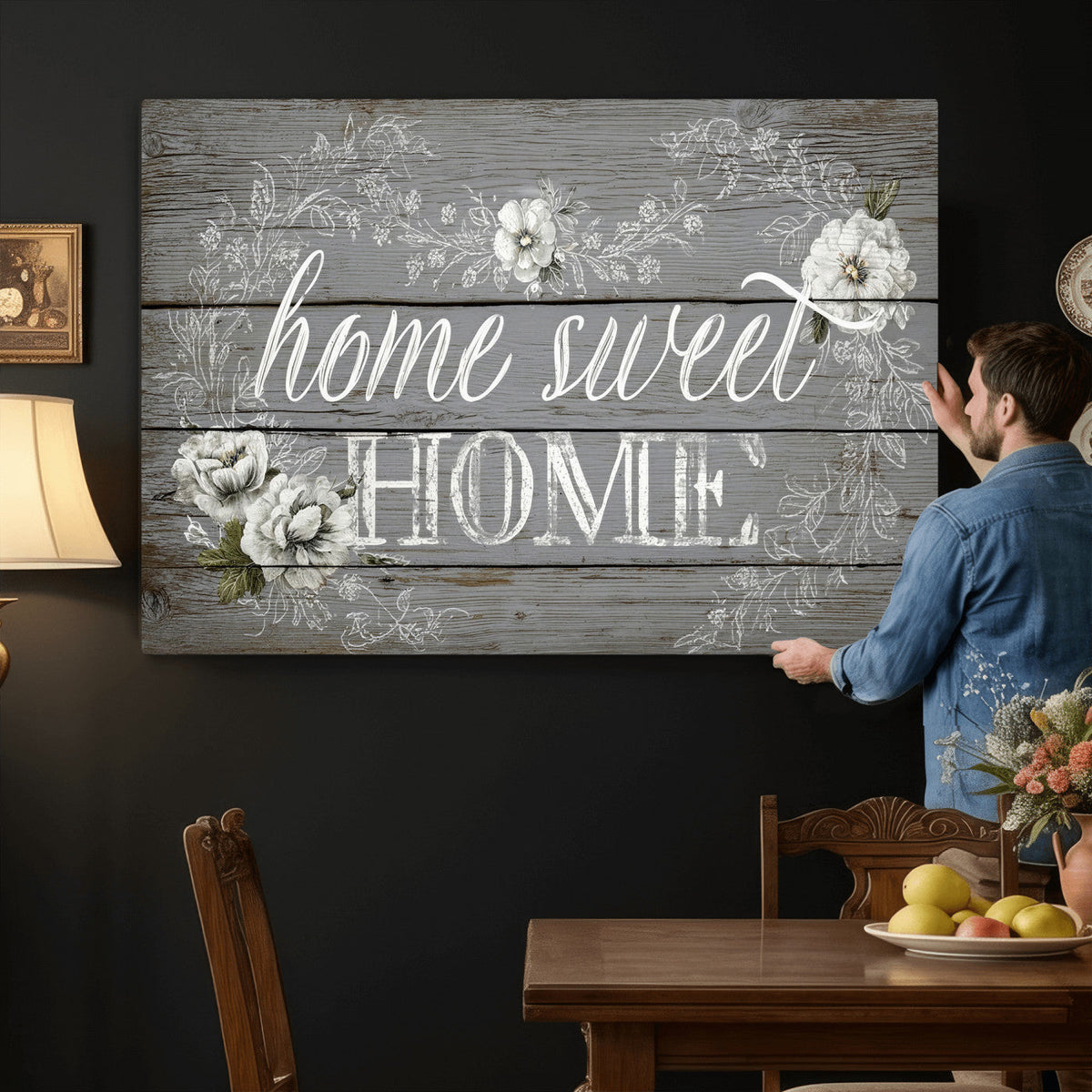 Home Sweet Home Sign Wall Art Canvas Print, Floral Farmhouse Decor