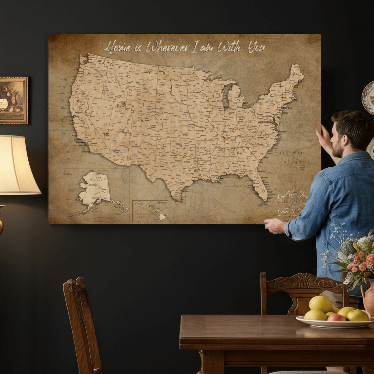 21454917-MGV-CV-36X24 - Personalized USA Push Pin Travel Map, Custom United States Map, Push Pin Map, USA Bucket List Map, Anniversary Gift | Couple Travel Map Wall Art