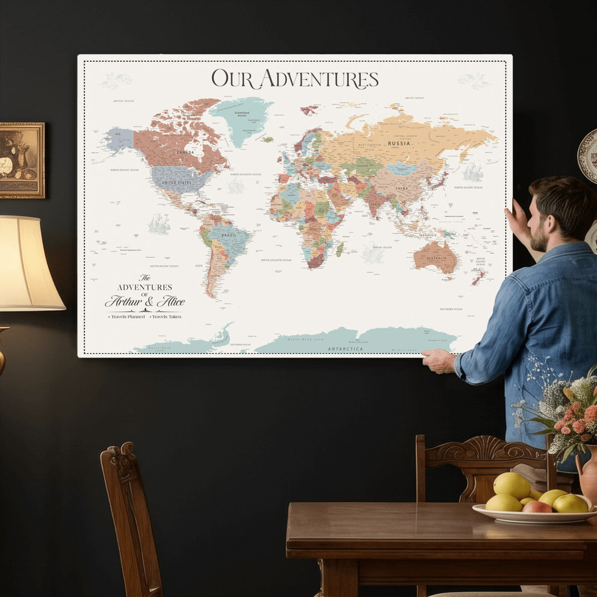 Personalized Framed Navy Push Pin World Map Canvas Print, Next Trip Planner Map, Living Room and Entryway Decor
