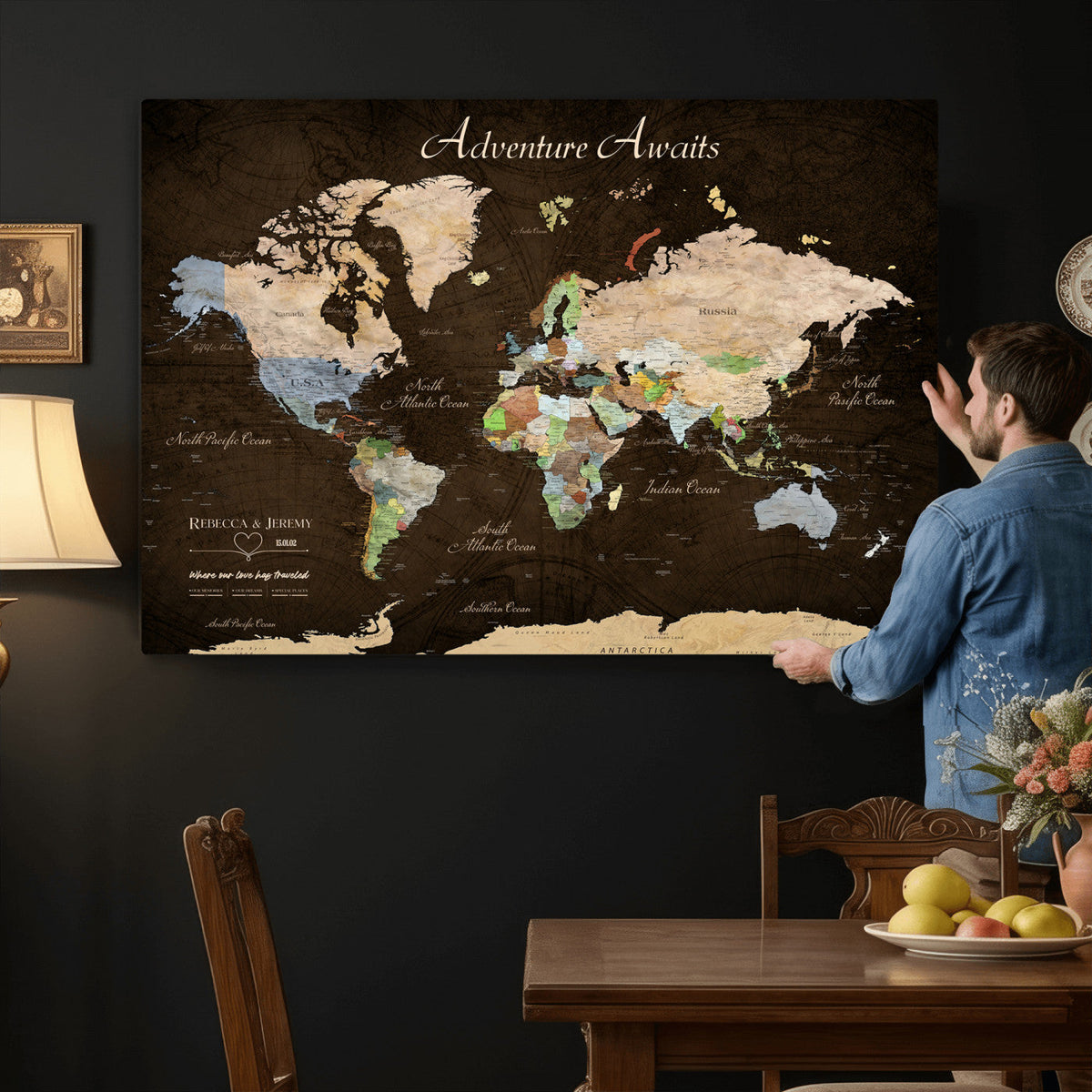 95753799-MGV-CV-36X24 - Custom Push Pin World Map Canvas Print | Personalized Travel Map Wall Art