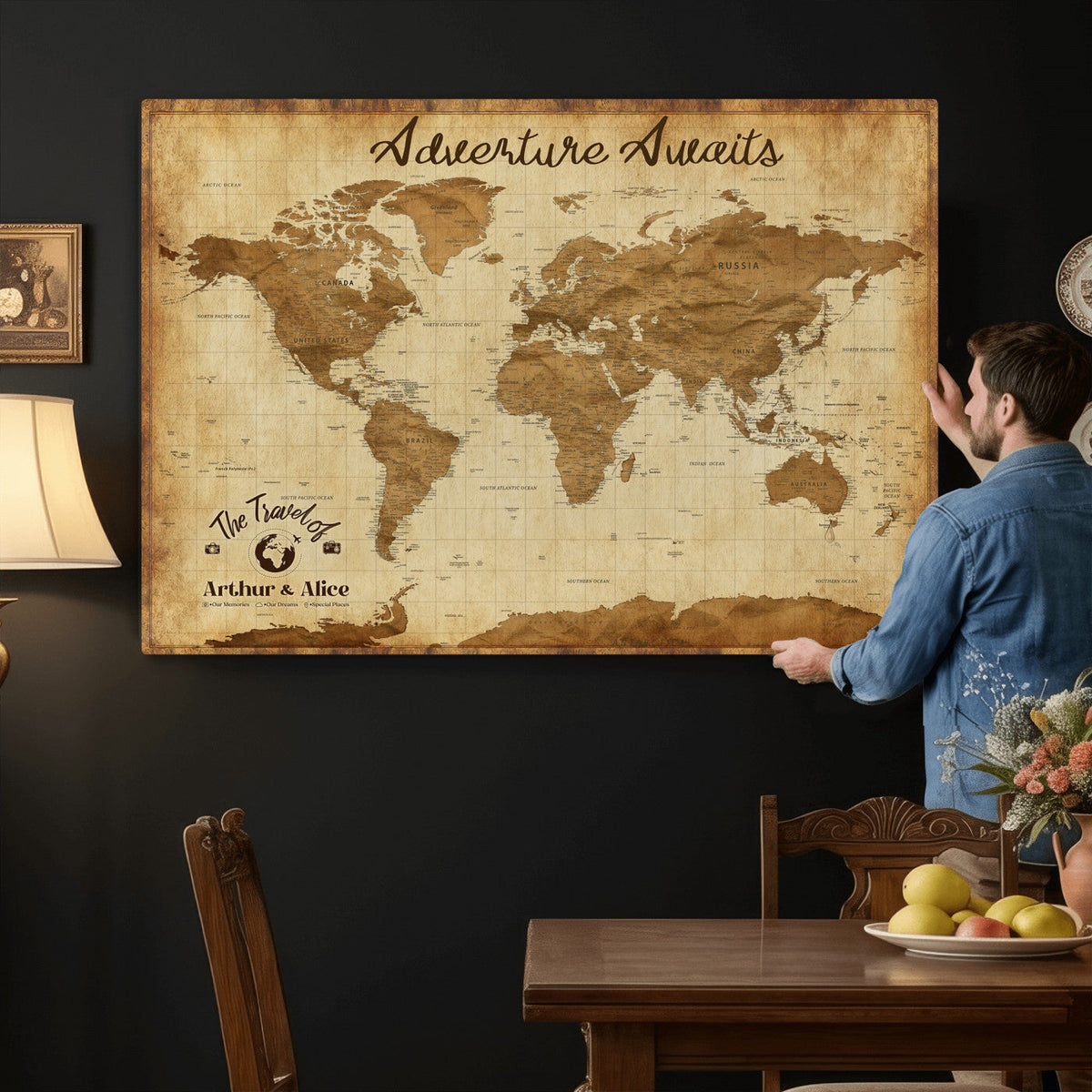 43427501-MGV-CV-36X24 - Custom Push Pin World Map Canvas Print | Personalized Travel Map Wall Art