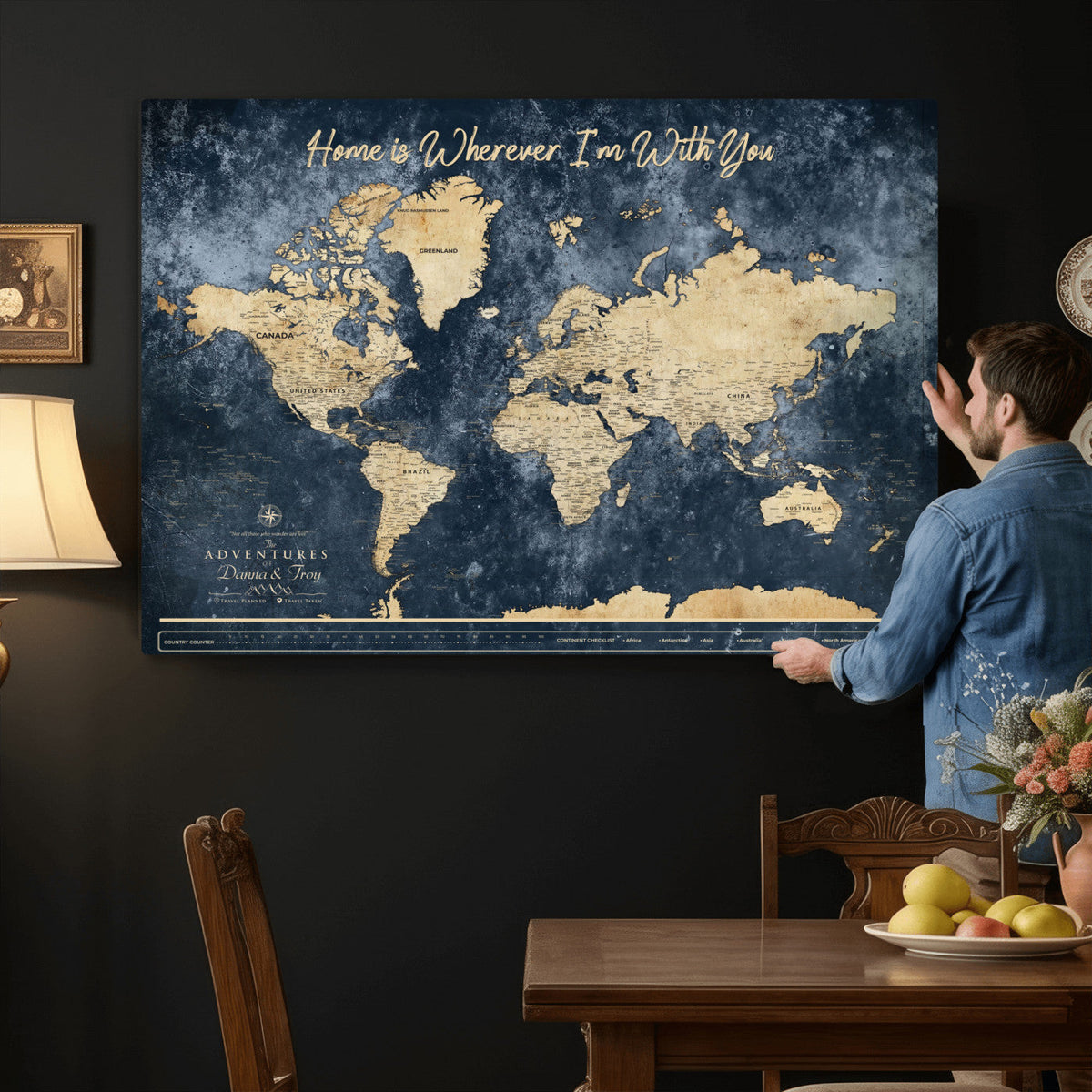 400867BL-MGV-CV-36X24 - Framed Blue Custom Push Pin World Map Canvas Print | Personalized Travel Map Wall Art