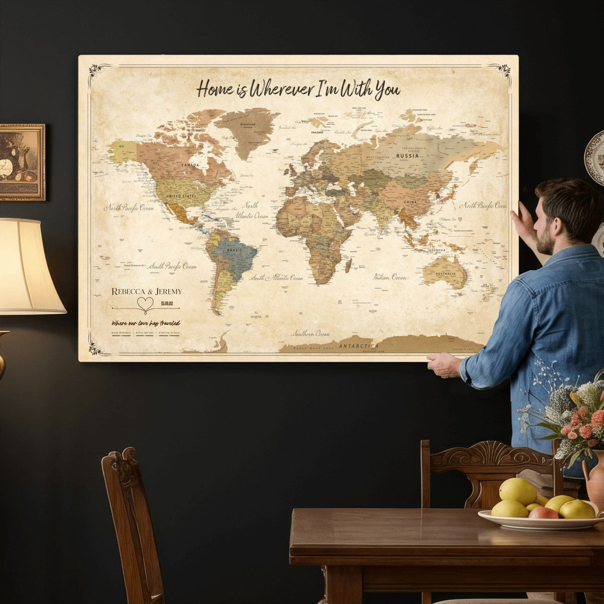 40086165-MGV-TP-30X20 - Framed Vintage Custom Push Pin World Map Canvas Print | Personalized Travel Map Wall Art