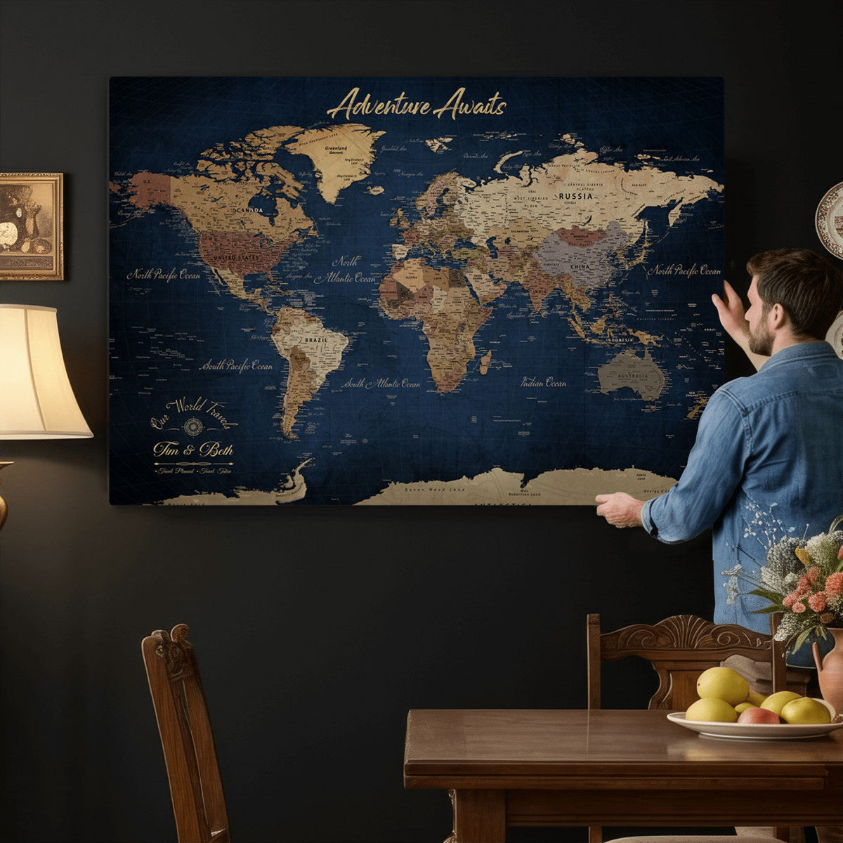 74477969-MGV-CV-36X24 - Custom Push Pin World Map Canvas | Personalized Travel Tracker | Wedding Anniversary Gift for Couples | Adventure Map Wall Art with Pins