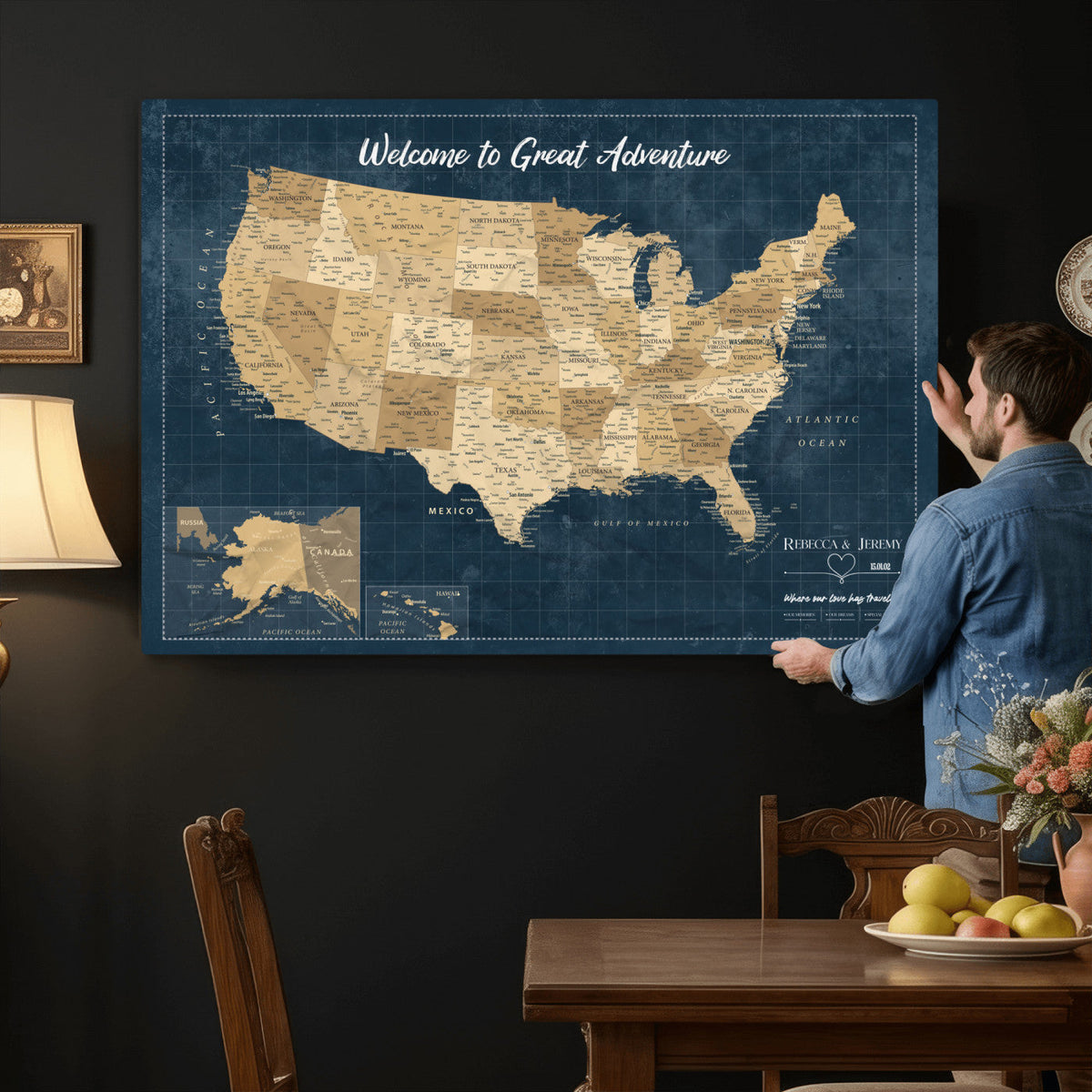58851035-MGV-CV-36X24 - Custom Cream Push Pin USA Map Canvas Print, 50 State Bucket List Map, Family Room and Hallway Decor