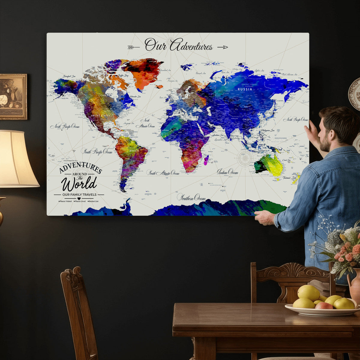 88162438-MGV-CV-36X24 - Our Family Adventures Push Pin World Map Wall Art Canvas Print | Family Travel Tracker Map with Pins