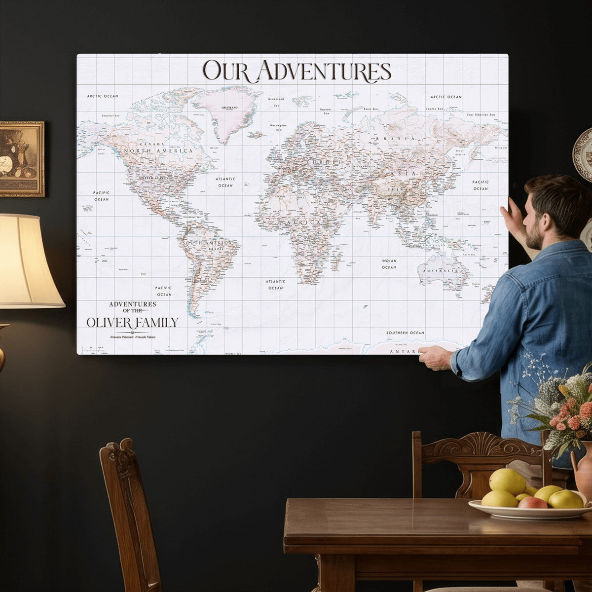18074626D3DD-MGV-CV-36X24 - Extra Large Framed Personalized Push Pin World Map Wall Art Canvas Print for Travel Tracking