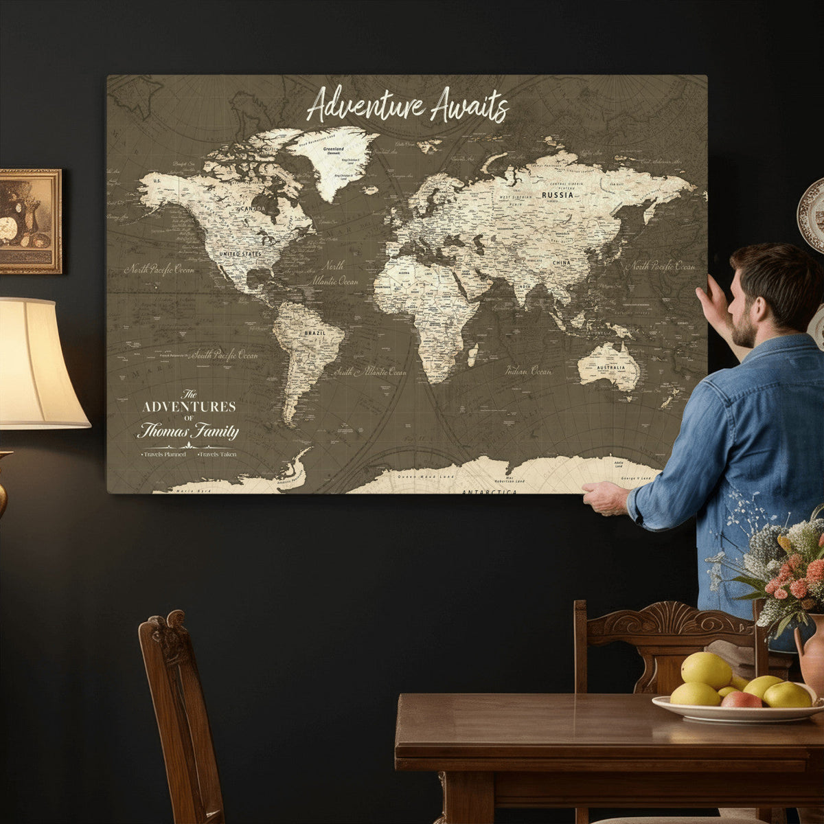 Personalized White Modern World Travel Map Wall Art with Pins, Honeymoon and Anniversary Gift, Living Room and Dining Room Decor