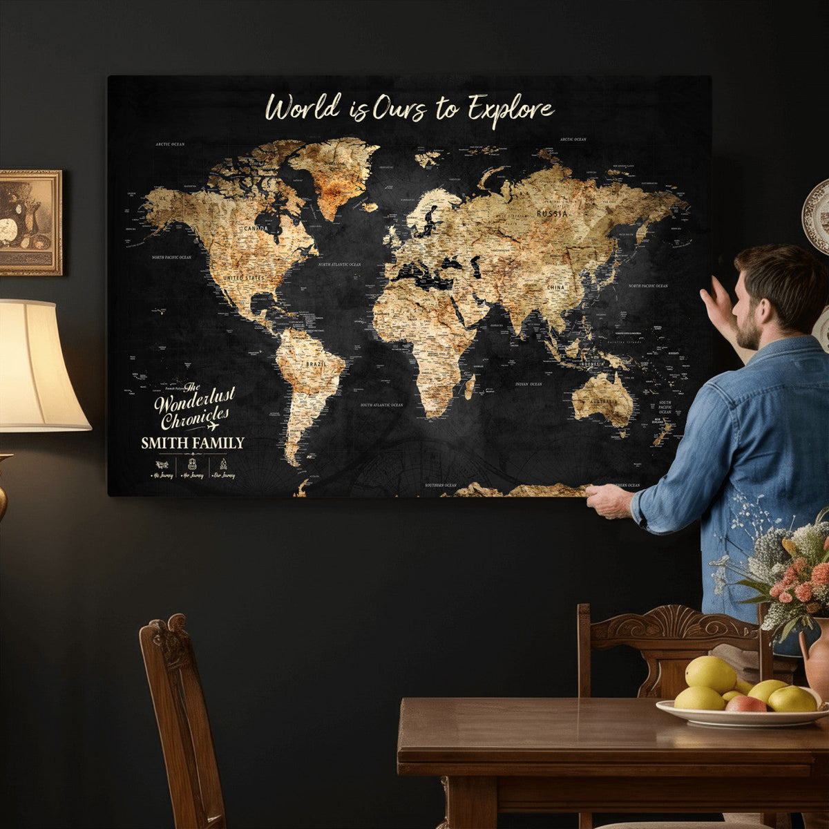 Personalized Beige Push Pin Travel Map Canvas Print, Family Travel Tracker, Bedroom and Entryway Decor
