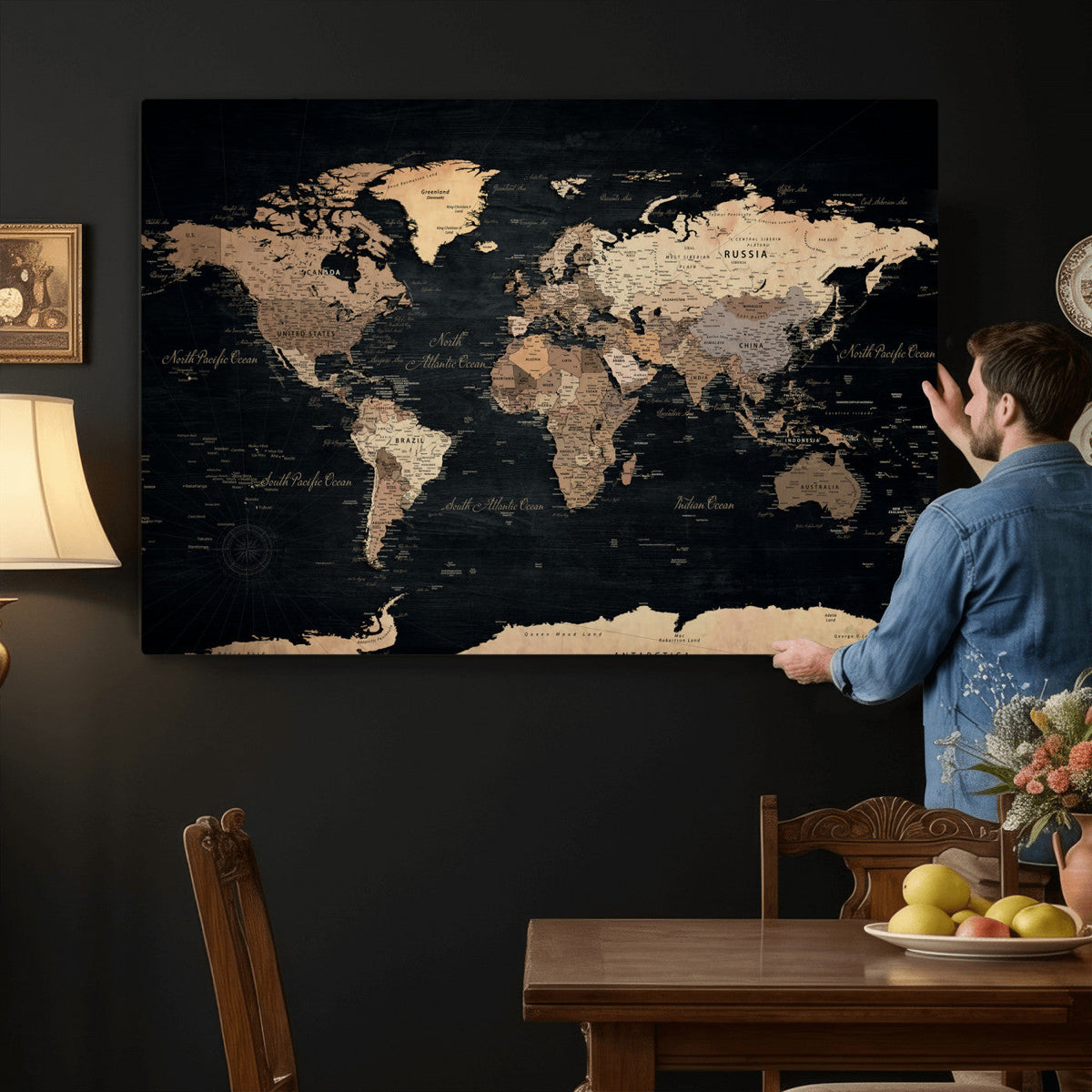 55335455D-MGV-CV-36X24 - Custom Push Pin World Map Wall Art Canvas Print – Personalized Travel Tracker with Pins Framed Large for Home and Office Decor