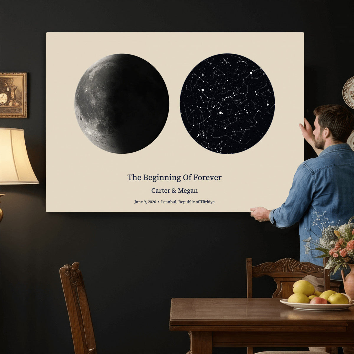 CSTM914LIRIKD-MGV-CV-36X24 - Moon and Stars Canvas Print – Personalized Moon Phase and Star Map Wall Art
