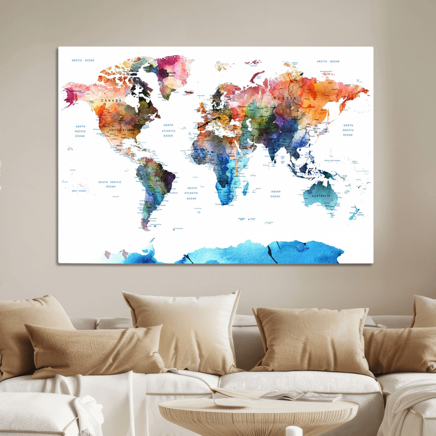 Push Pin World Map Canvas Print – Framed Wall Art for Couples to Track Their Travels – Anniversary Gift or Home Adventure Decor