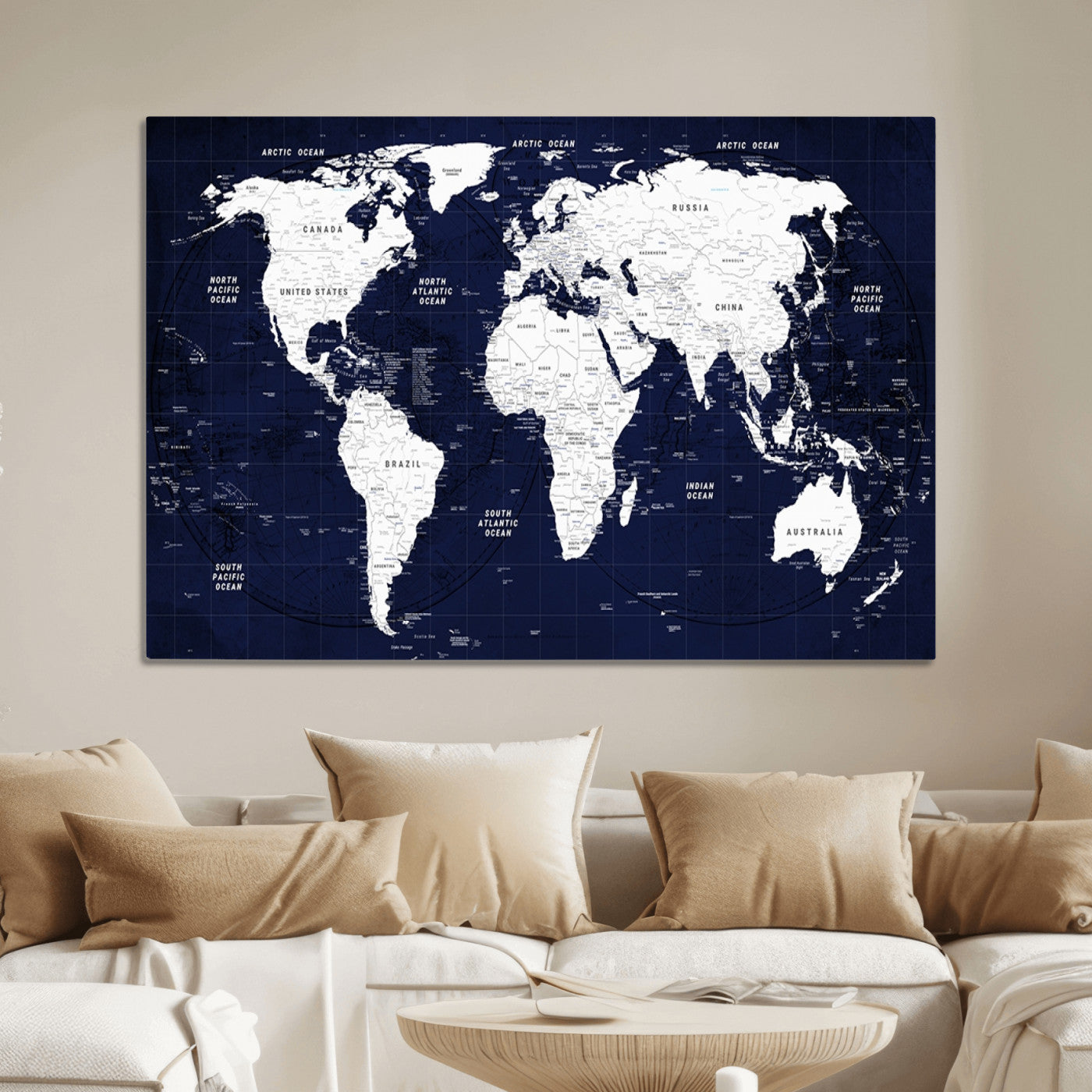 Push Pin World Map Canvas Print – Framed Wall Art for Couples to Track Their Travels – Anniversary Gift or Home Adventure Decor