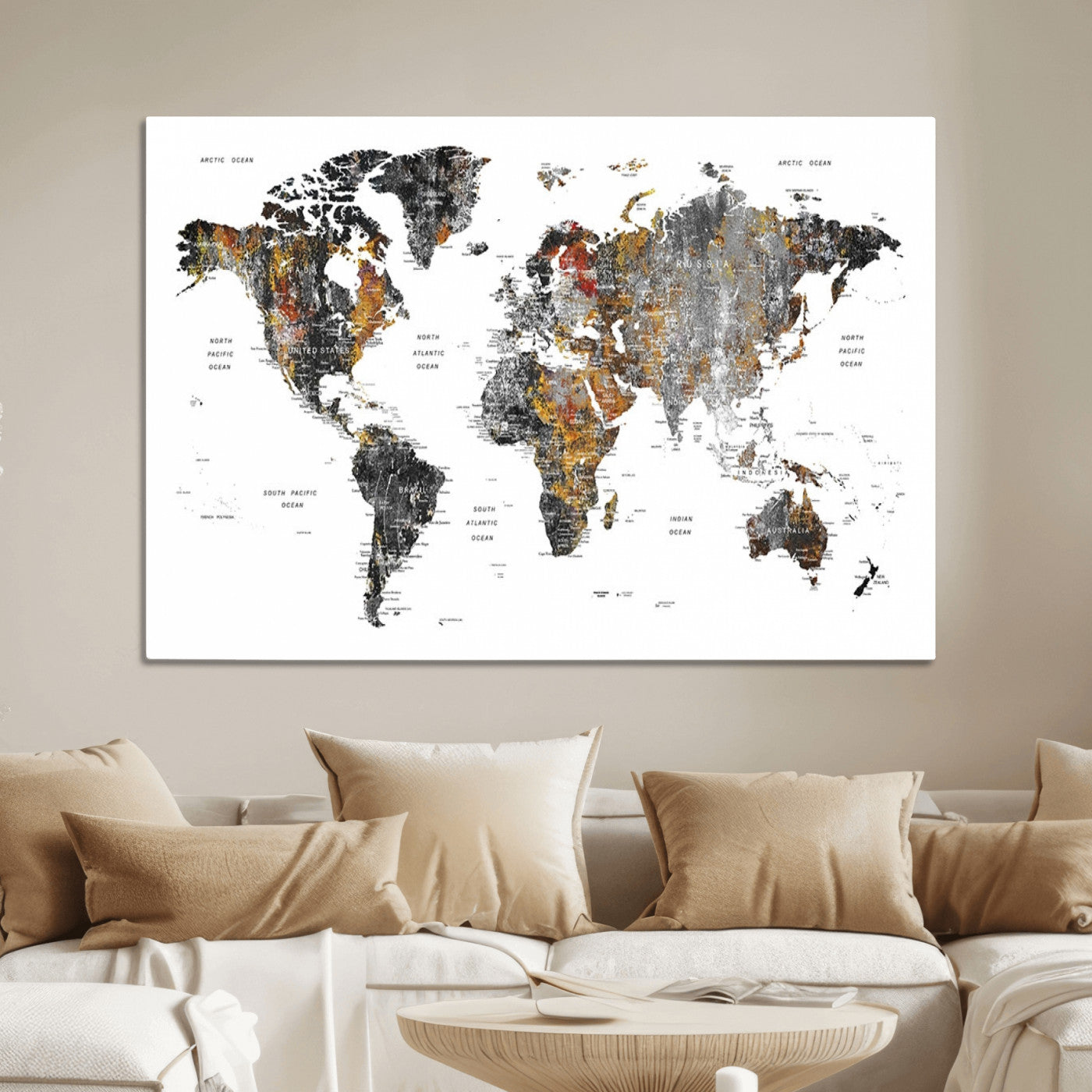 Push Pin World Map Canvas Print – Framed Wall Art for Couples to Track Their Travels – Anniversary Gift or Home Adventure Decor