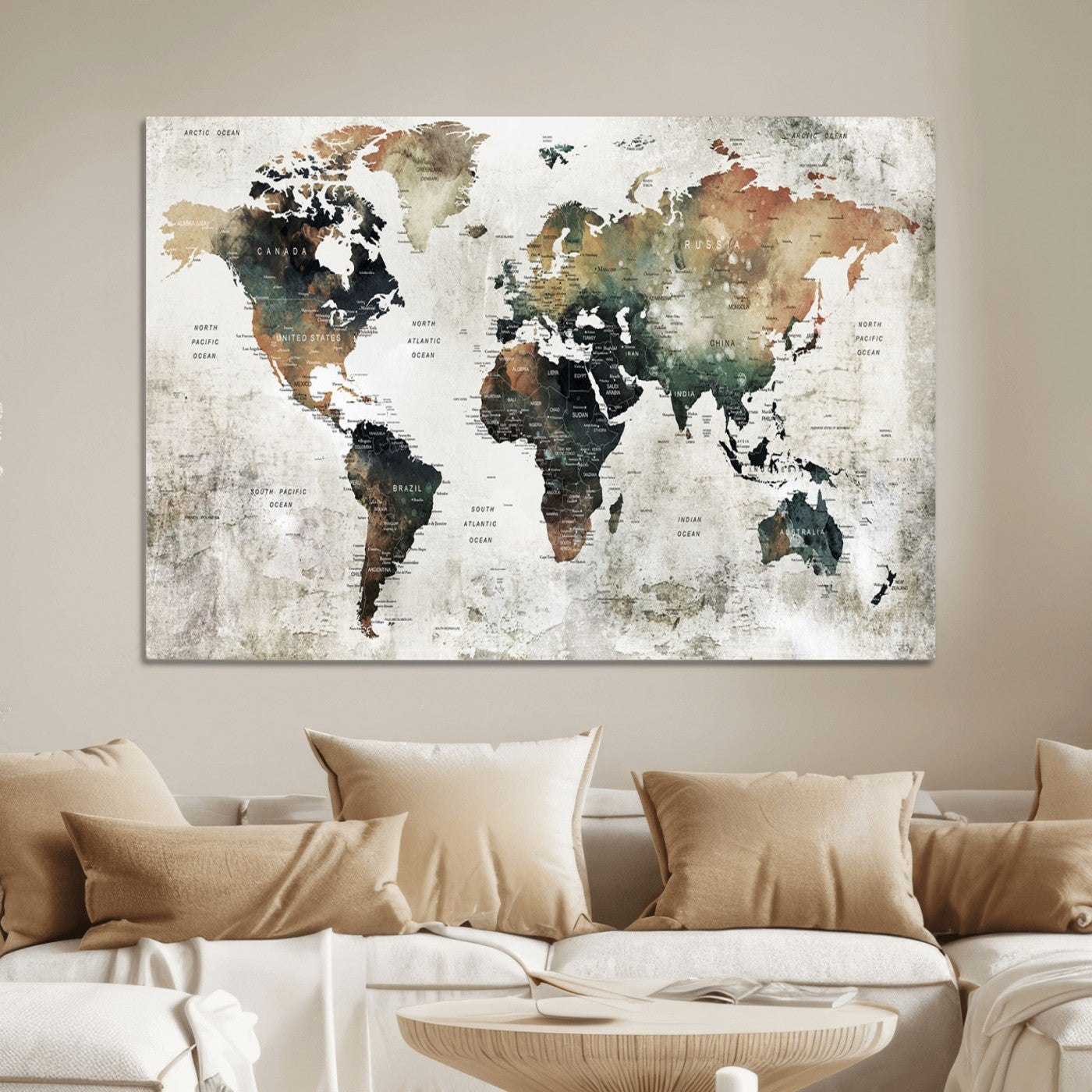 Push Pin World Map Canvas Print – Framed Wall Art for Couples to Track Their Travels – Anniversary Gift or Home Adventure Decor