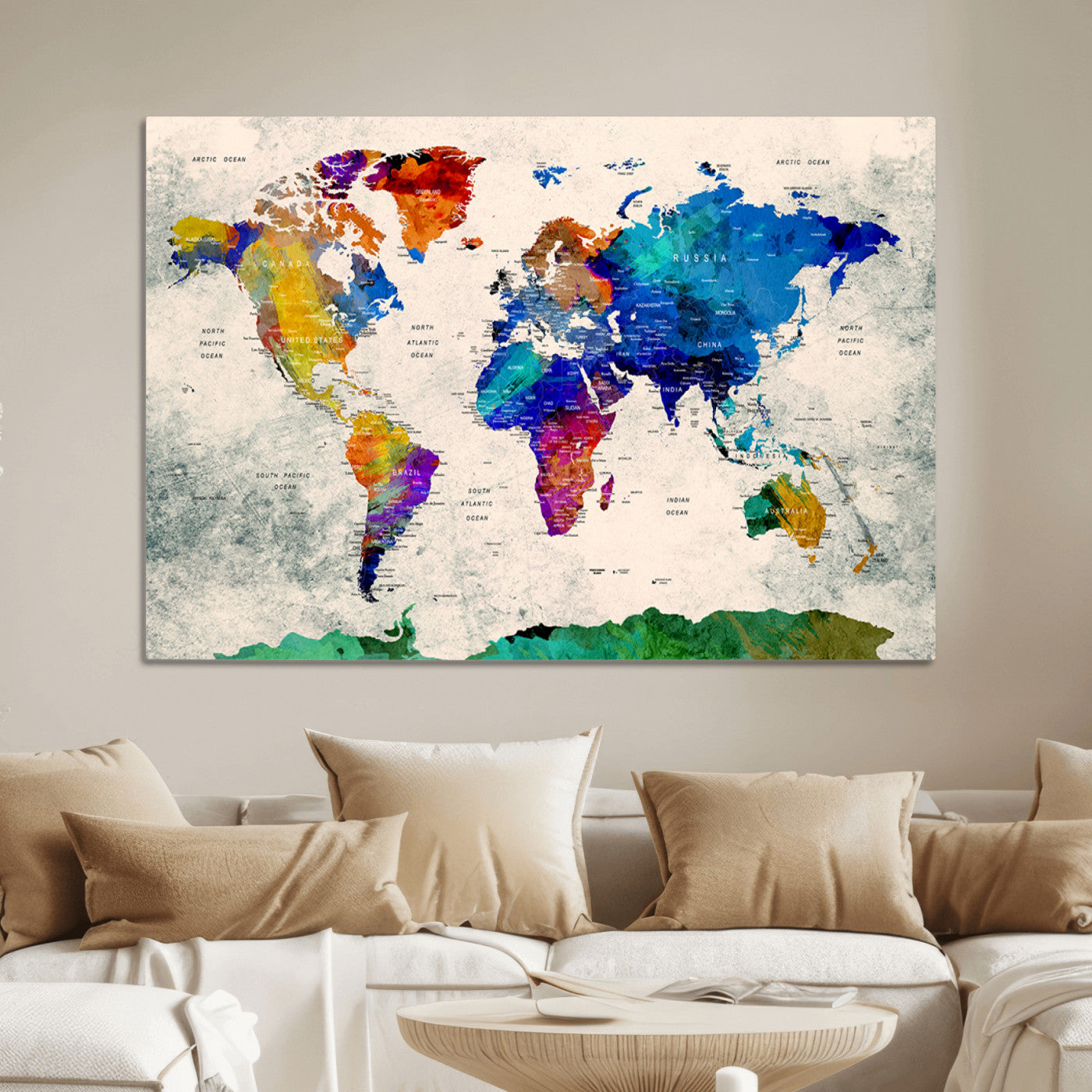 Push Pin World Map Canvas Print – Framed Wall Art for Couples to Track Their Travels – Anniversary Gift or Home Adventure Decor