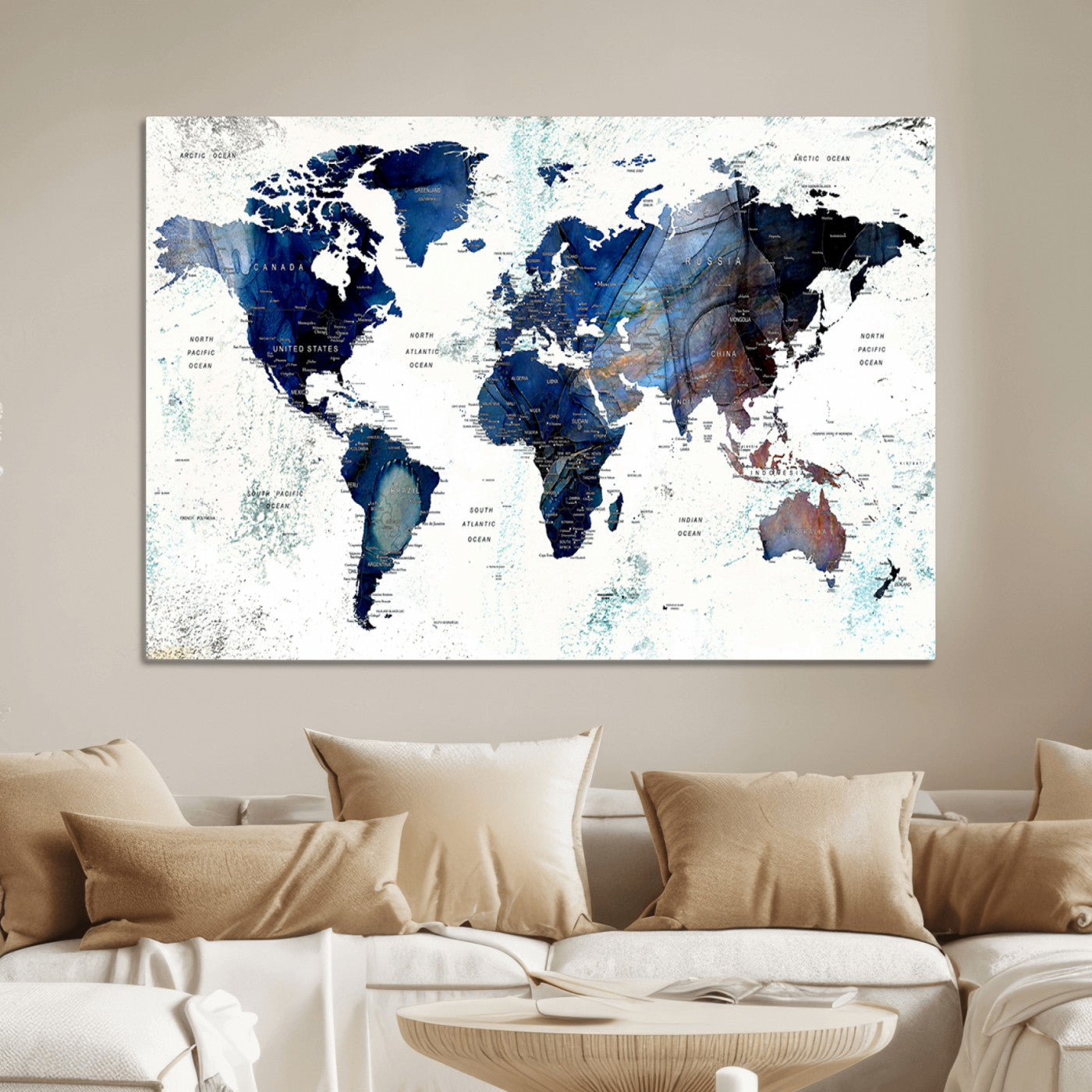 Push Pin World Map Canvas Print – Framed Wall Art for Couples to Track Their Travels – Anniversary Gift or Home Adventure Decor