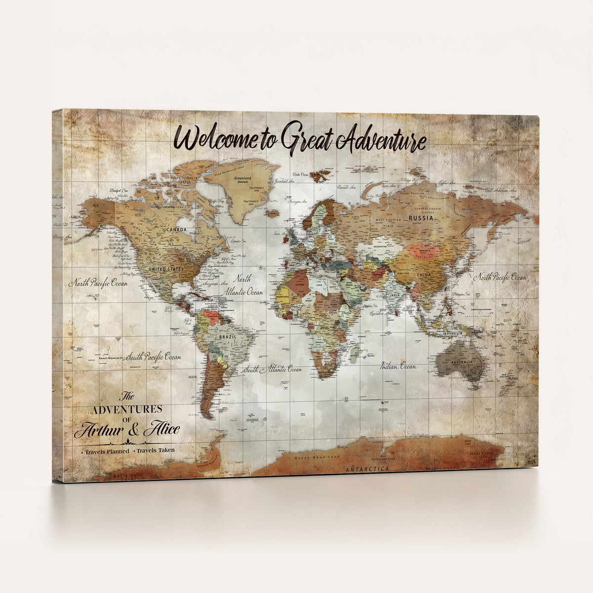 Personalized Beige Push Pin World Map Wall Art, Bucket List Map, Living Room and Family Room Decor
