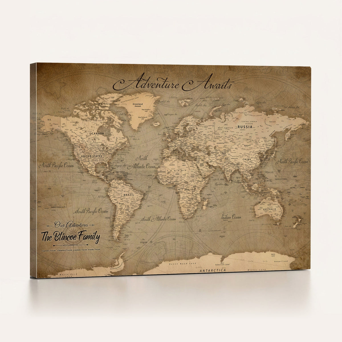 Personalized Framed Beige World Travel Map Wall Art with Pins, Family Travel Tracker, Family Room and Entryway Decor