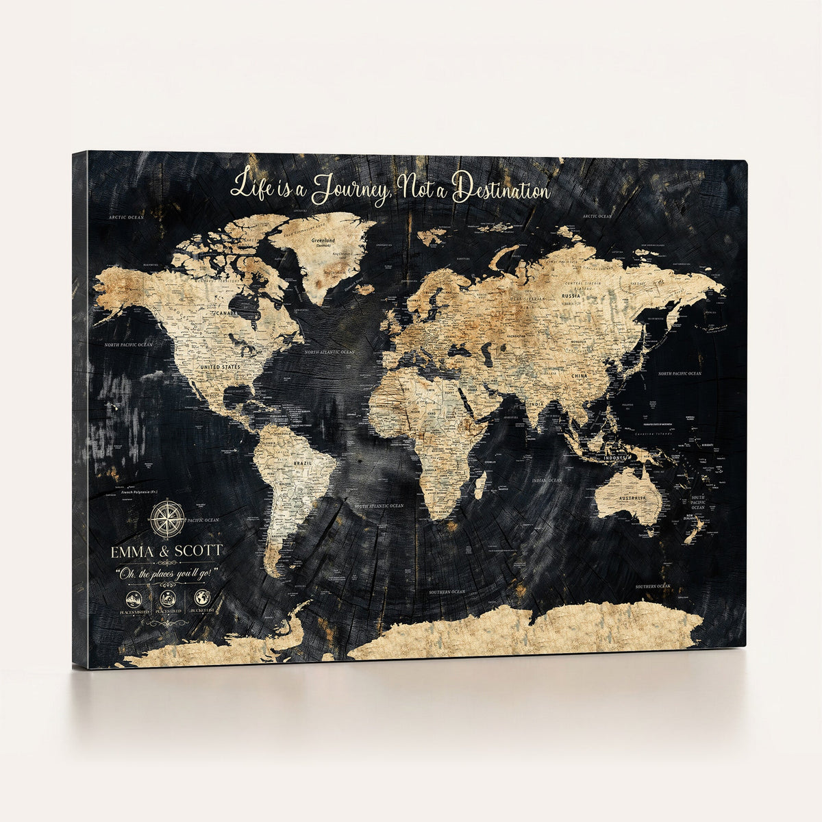 Personalized Framed Navy Modern Push Pin World Map Canvas Print, Couples Countries Visited Map, Family Room and Study Decor