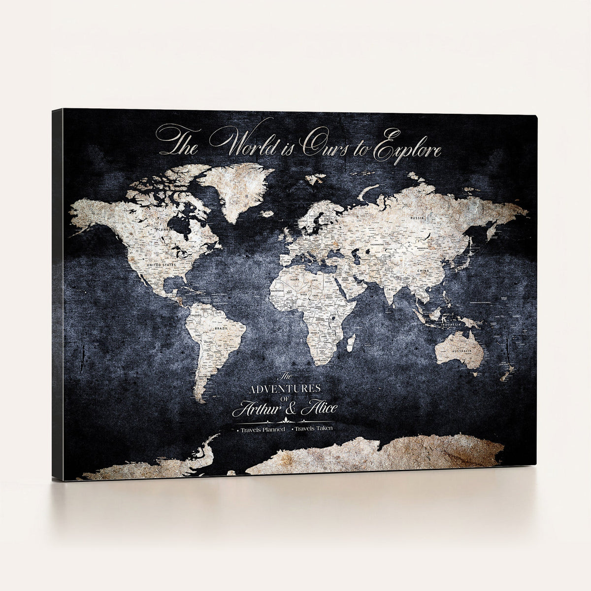 Personalized Beige Modern Push Pin Travel Map Canvas Print, Places Visited Tracker, Study and Entryway Decor