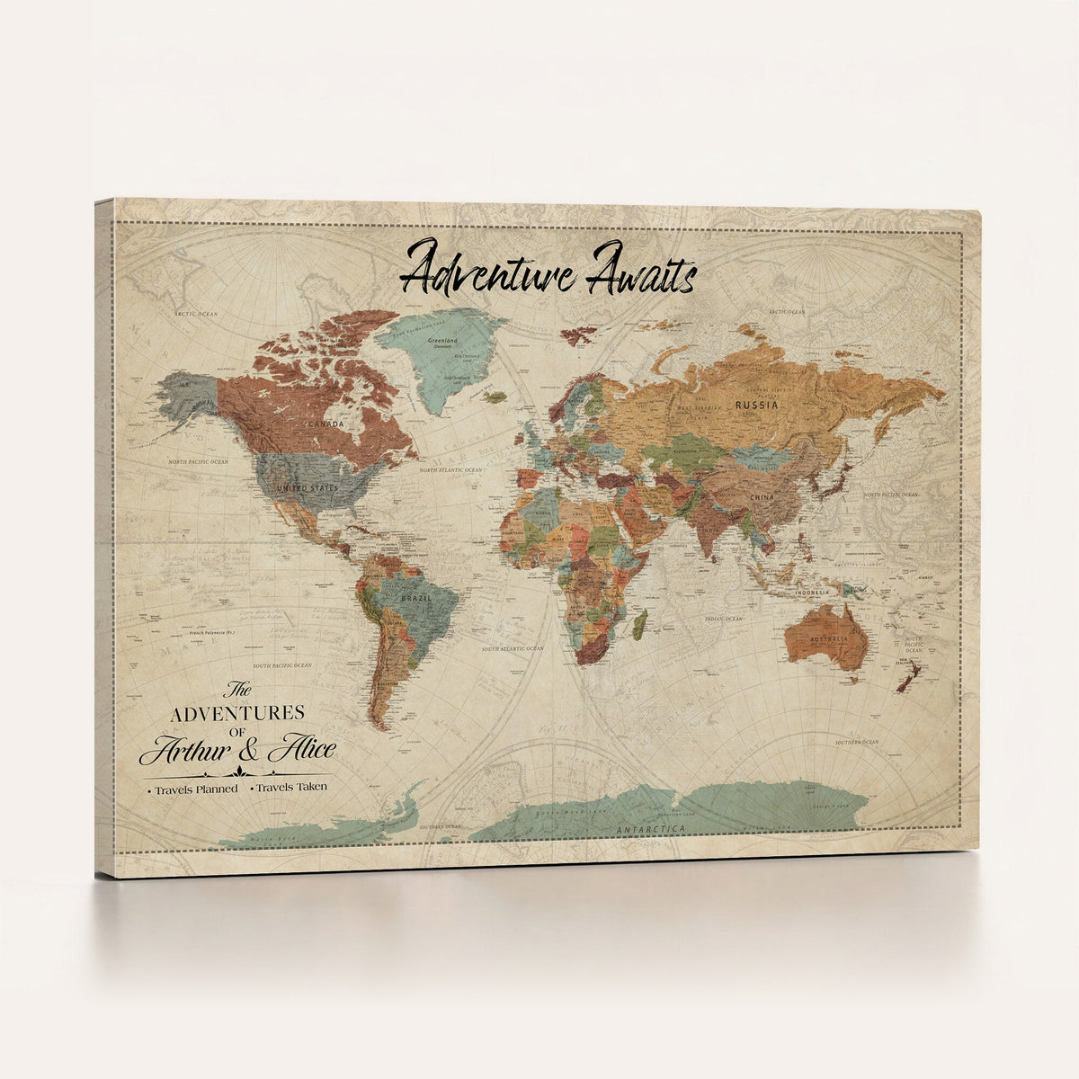 Custom Beige Push Pin World Map Canvas Print, Next Trip Planner Map, Family Room and Study Decor