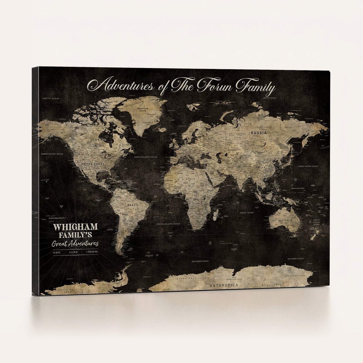 Personalized Framed Black Modern World Map Canvas with Push Pins, Next Trip Planner Map, Dining Room and Home Office Decor
