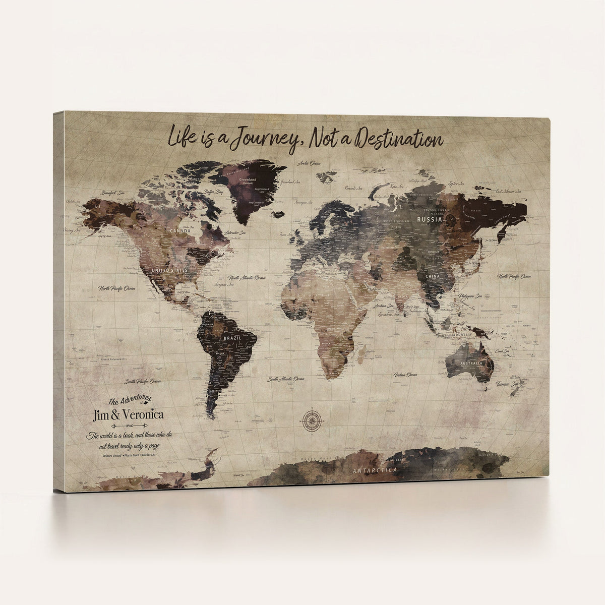 Custom Beige Vintage World Travel Map Wall Art with Pins, Bucket List Map, Bedroom and Hallway Decor