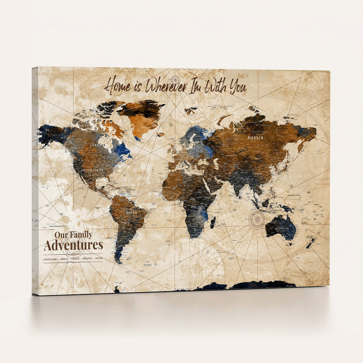 Custom Framed Beige Vintage World Travel Map Wall Art with Pins, Places Visited Tracker, Home Office and Entryway Decor