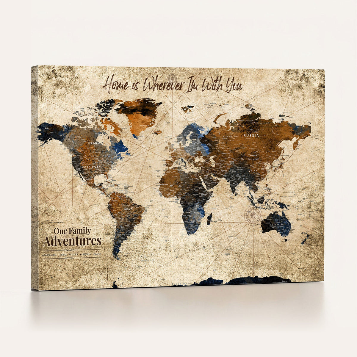 Personalized Framed Beige Modern Push Pin World Map Canvas Print, Bucket List Map, Home Office and Study Decor