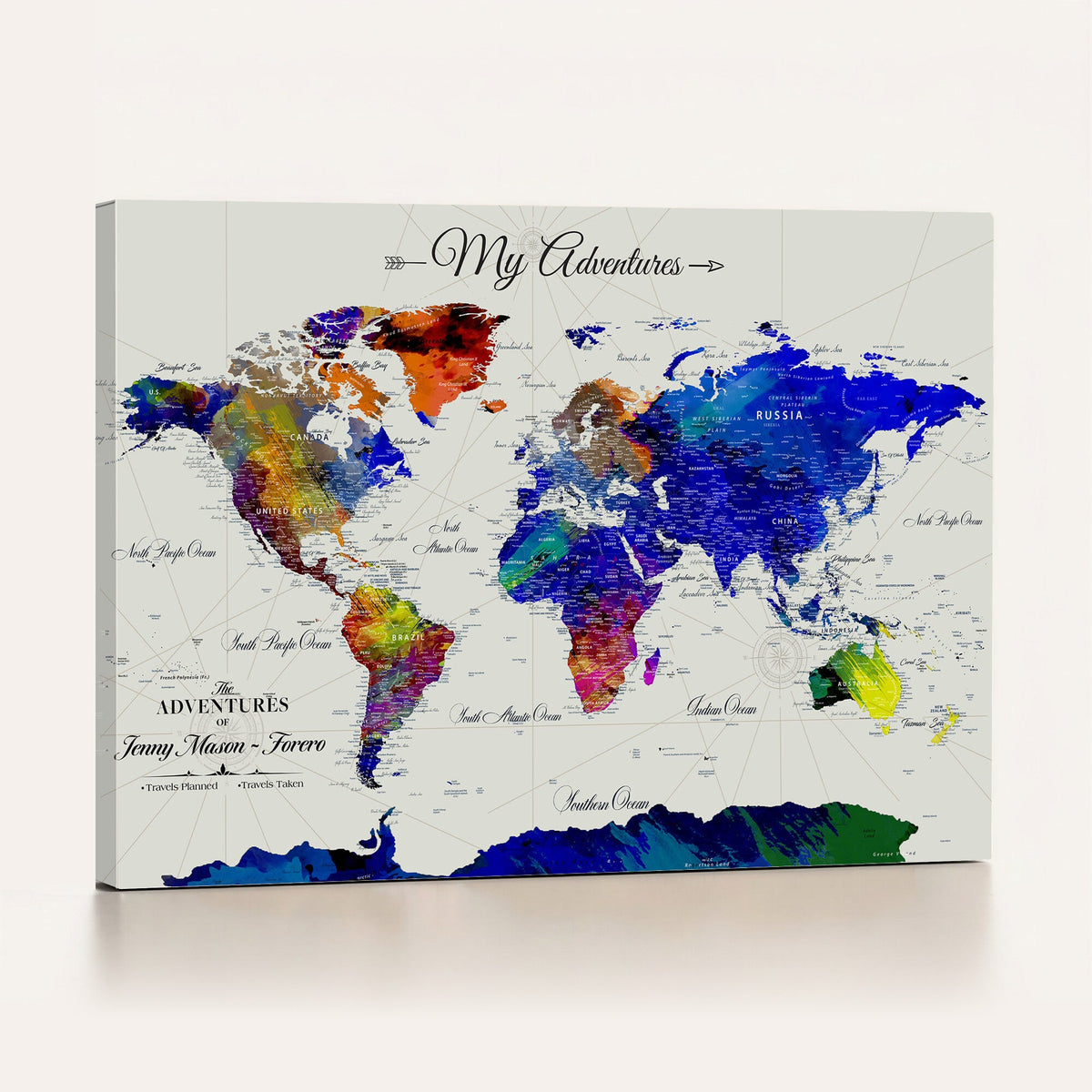 Detailed Custom Framed Beige Modern World Map Canvas with Push Pins, Honeymoon and Anniversary Gift, Dining Room and Home Office Decor