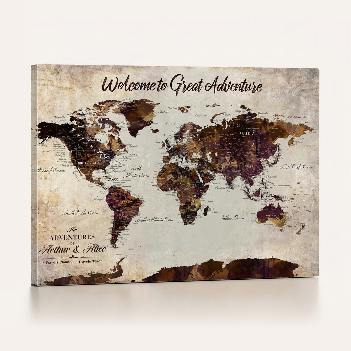 64110391126-MGV-CV-36X24 - Custom Beige World Travel Map Wall Art with Pins, Places Visited Tracker, Family Room and Entryway Decor