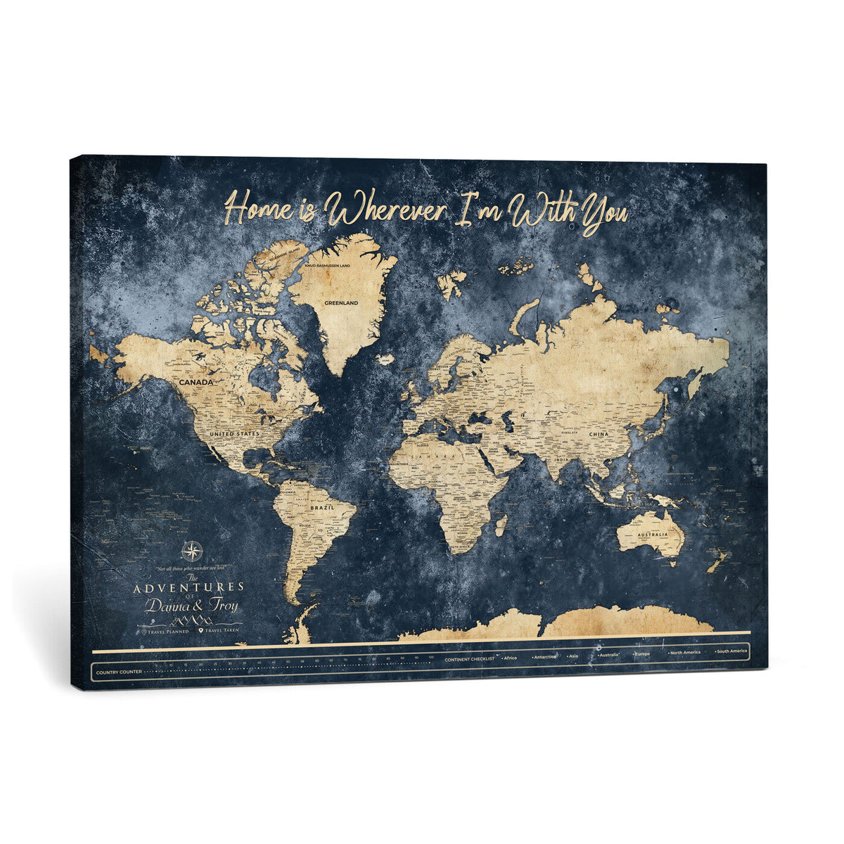 400867BL-MGV-CV-36X24 - Framed Blue Custom Push Pin World Map Canvas Print | Personalized Travel Map Wall Art