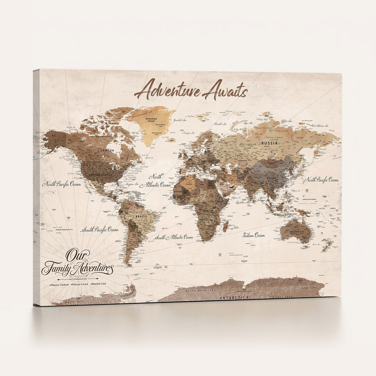 84865191-MGV-CV-36X24 - Our Family Adventures Push Pin World Map Wall Art Canvas Print - Family Travel Tracker Map with Pins