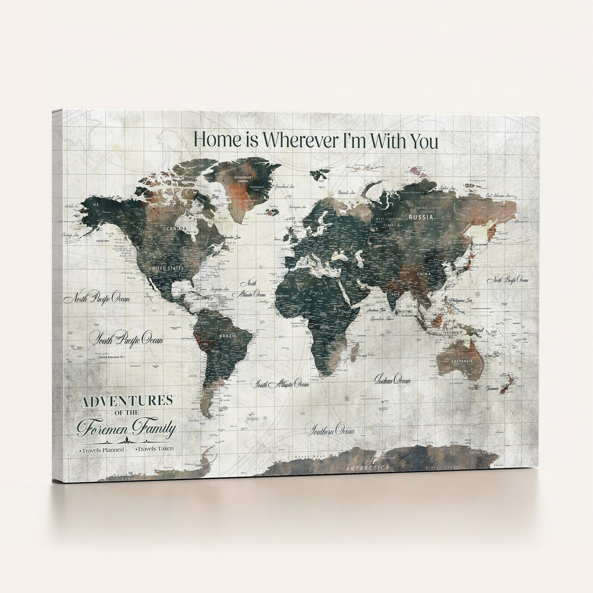 Personalized Framed Beige Push Pin Travel Map Canvas Print, Family Travel Tracker, Home Office and Hallway Decor