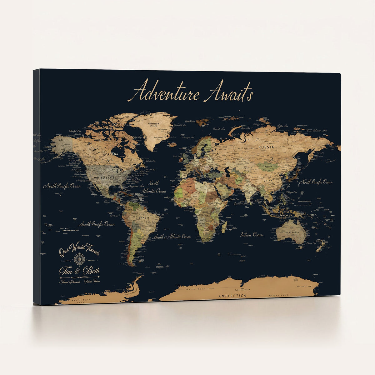 Custom Beige Push Pin World Map Wall Art, Family Travel Tracker, Home Office and Study Decor