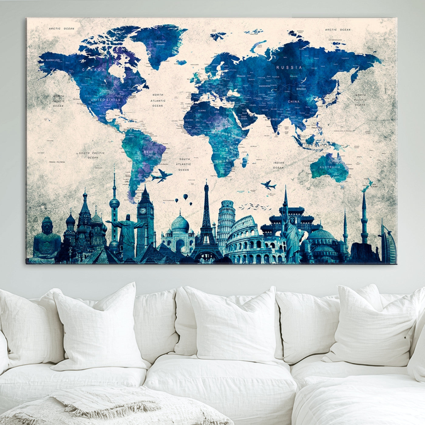 Navy Blue World Map Canvas Print, Wonder of World Map Push Pin Canvas Print
