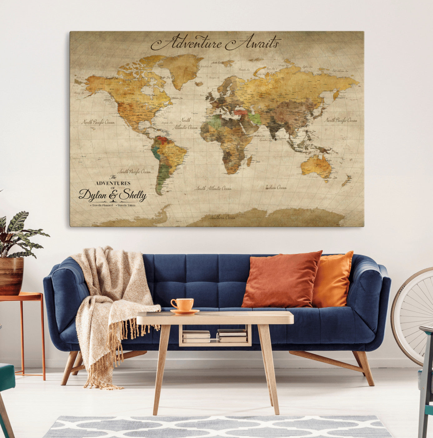 50298017-MGV-CV-36X24-Personalized World Map Print, Customizable Push Pin Framed World Map Print on Canvas - Custom Quote on Map Print