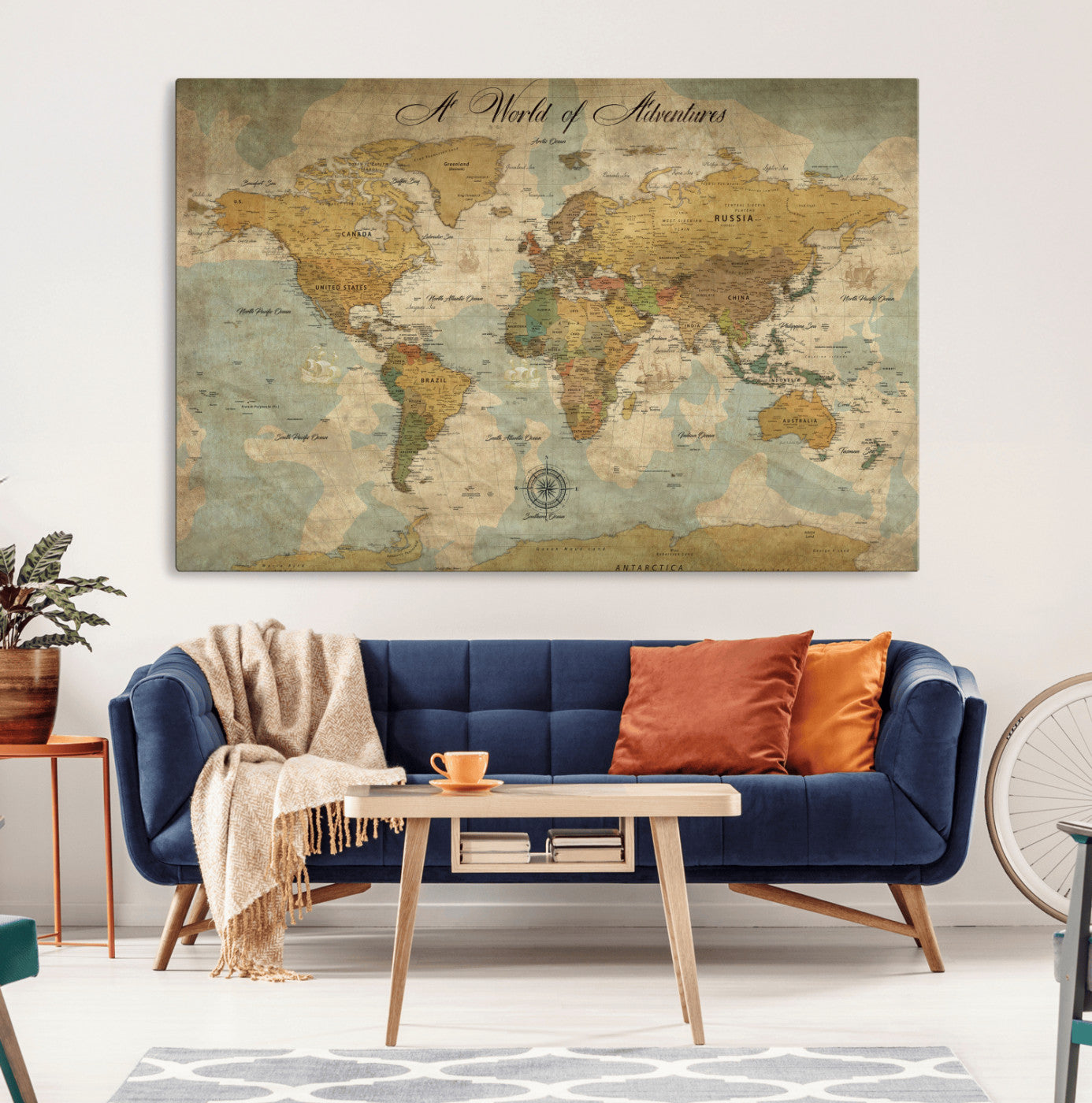 75690627-MGV-CV-36X24-Personalized World Map Print, Customizable Push Pin Framed World Map Print on Canvas - Custom Quote on Map Print,