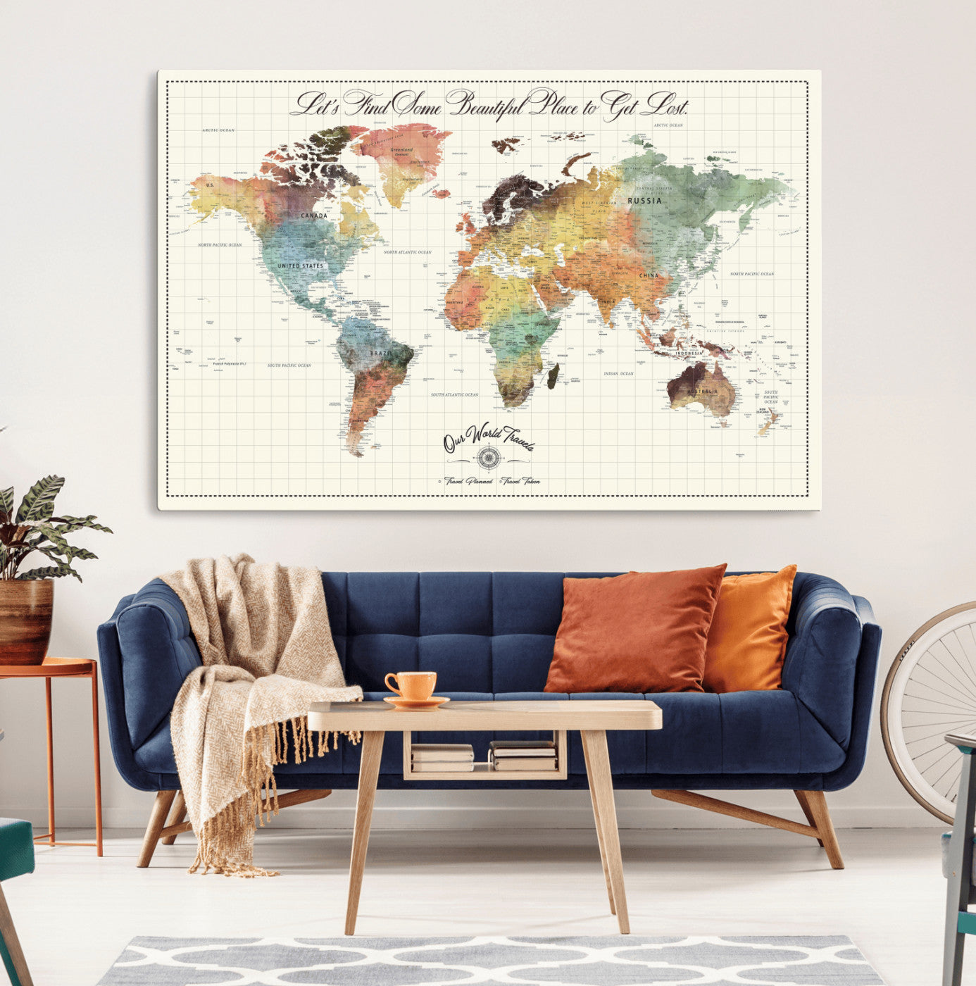 29289638-MGV-CV-36X24-Personalized World Map Print - Customizable Push Pin Framed World Map Print on Canvas - Custom Quote on Map Print